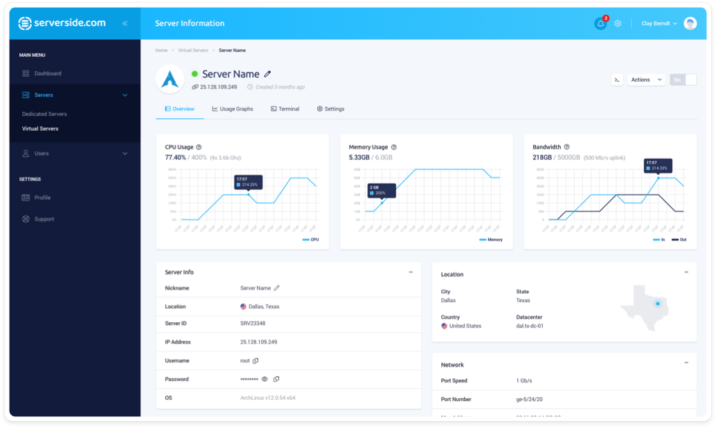 Serverside cloud console showing the cloud instances overview